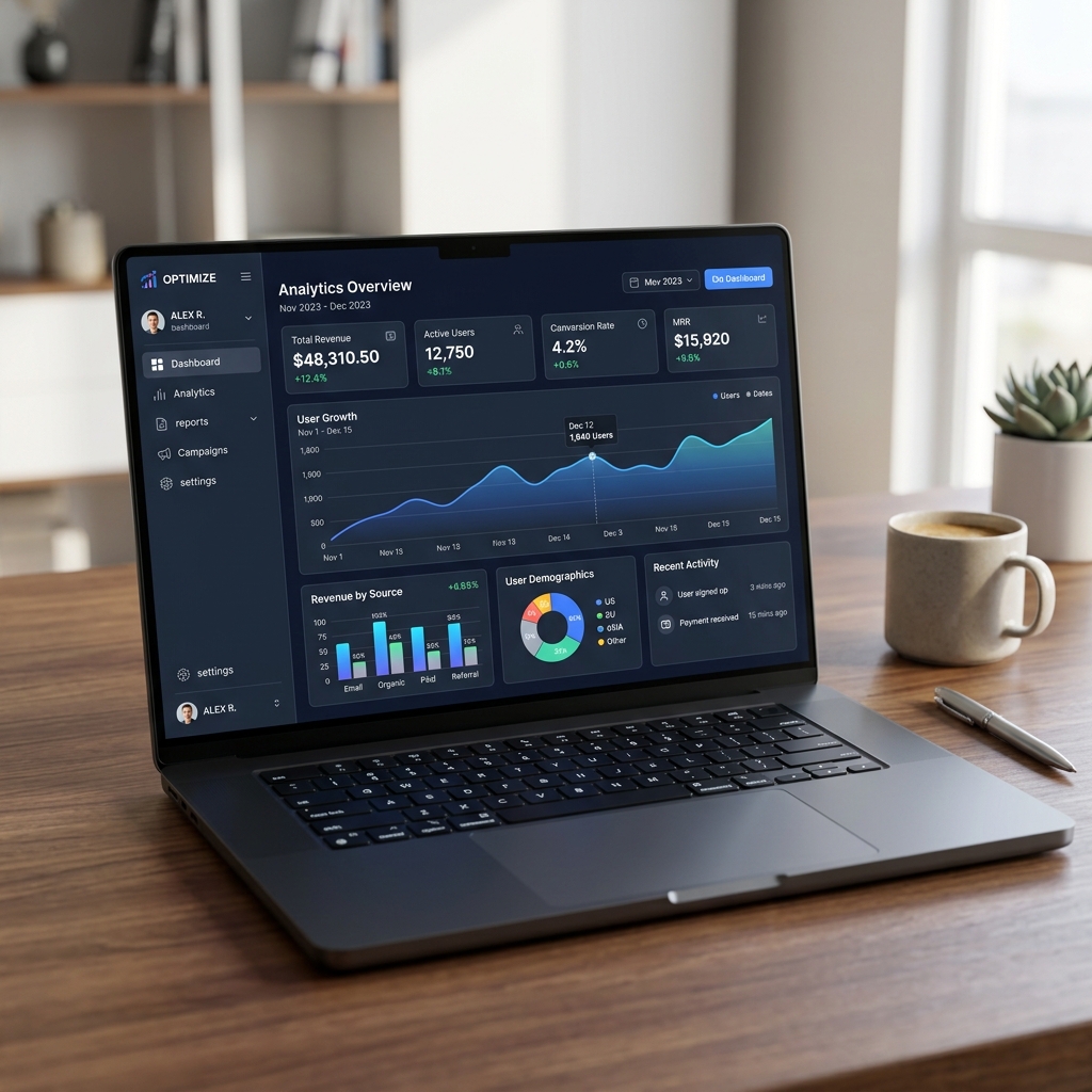 A modern SaaS dashboard interface showing analytics and charts on a clean desktop screen, responsive design, 3d render, hyper realistic --no woman